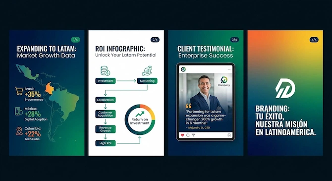 Série de 4 criativos para Instagram e LinkedIn: carrossel "Expanding to Latam" com dados de mercado, infográfico de ROI, depoimento de cliente enterprise (mockup), e peça de branding com novo slogan em espanhol.