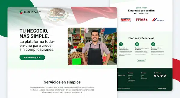Mockup de landing page localizada para o mercado mexicano. Design com bandeira do México sutil no header, copy em espanhol com foco em "Tu negocio, más simple". Botões CTA em verde com texto "Comienza gratis". Seção de social proof com logos Bimbo, FEMSA, Cemex.